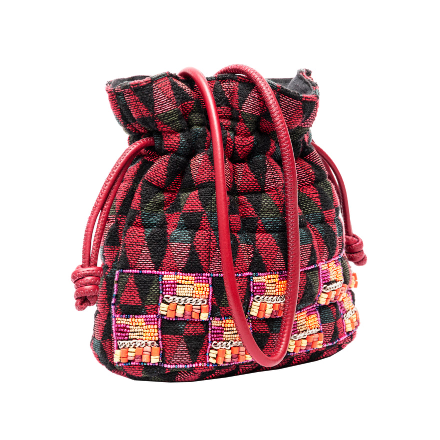 BOLSA BUCKET TAPEÇARIA  MATELLASÊ BORDADA ALÇAS EM COURO NATURAL CROSSBODY/TIRACOLO MULTI PINK
