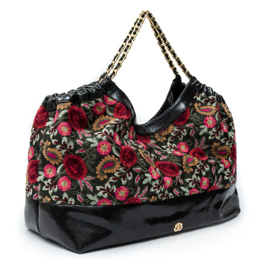 BOLSA MAXI SHOPPER DANNY PALHA FIORI BORDADA FRIDA PRETO
