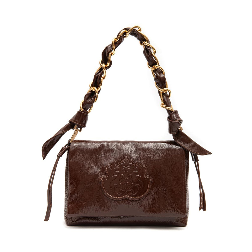 BOLSA FLAP DAYSE EM COURO GLOSS BROWNIE OURO