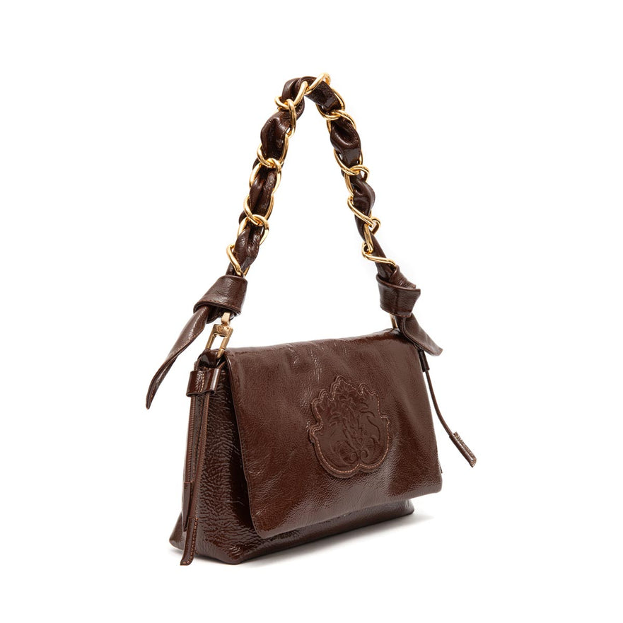 BOLSA FLAP DAYSE EM COURO GLOSS BROWNIE OURO