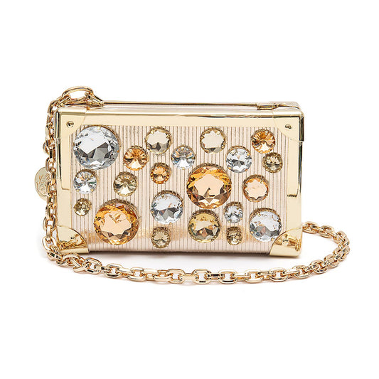 CLUTCH  TRUNK EM COURO METALIZADO COM CRISTAIS OURO