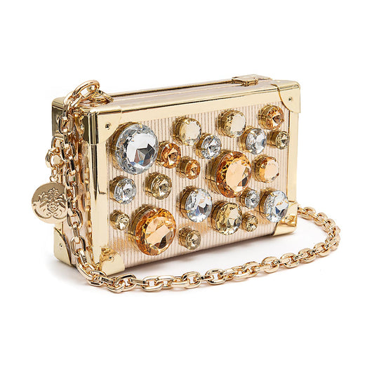 CLUTCH  TRUNK EM COURO METALIZADO COM CRISTAIS OURO