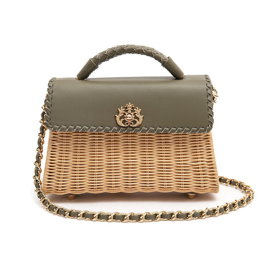 BOLSA SELENE TOP HANDLE RATTAN E COURA AZEITE