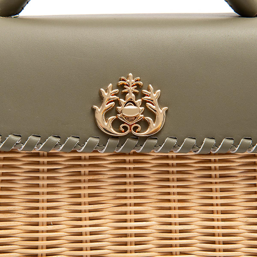 BOLSA SELENE TOP HANDLE RATTAN E COUROU AZEITE
