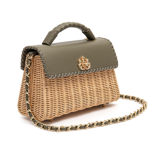 BOLSA SELENE TOP HANDLE RATTAN E COUROU AZEITE