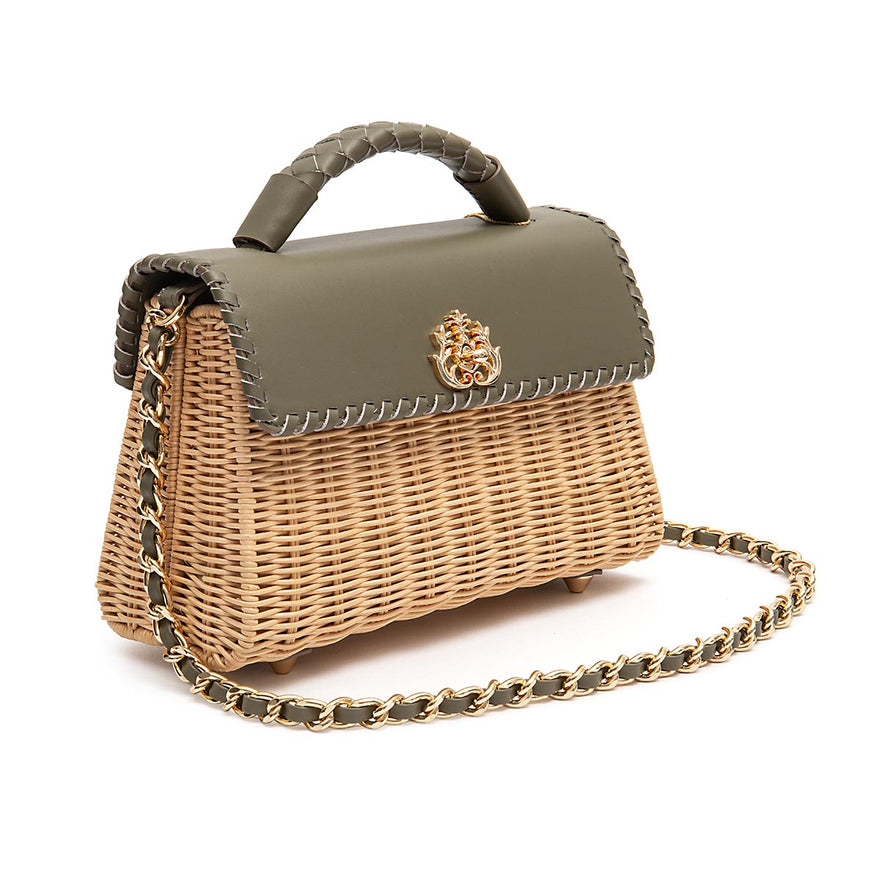 BOLSA SELENE TOP HANDLE RATTAN E COUROU AZEITE