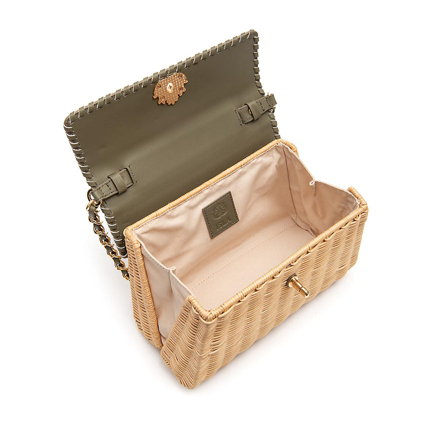 BOLSA SELENE TOP HANDLE RATTAN E COURA AZEITE