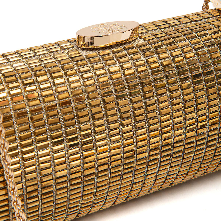 Bolsa Clutch Cilíndrica de Cristais Ouro