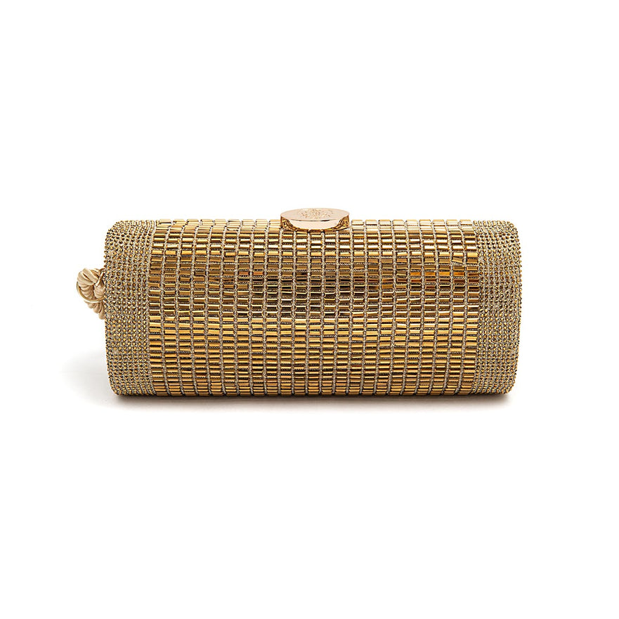 Bolsa Clutch Cilíndrica de Cristais Ouro