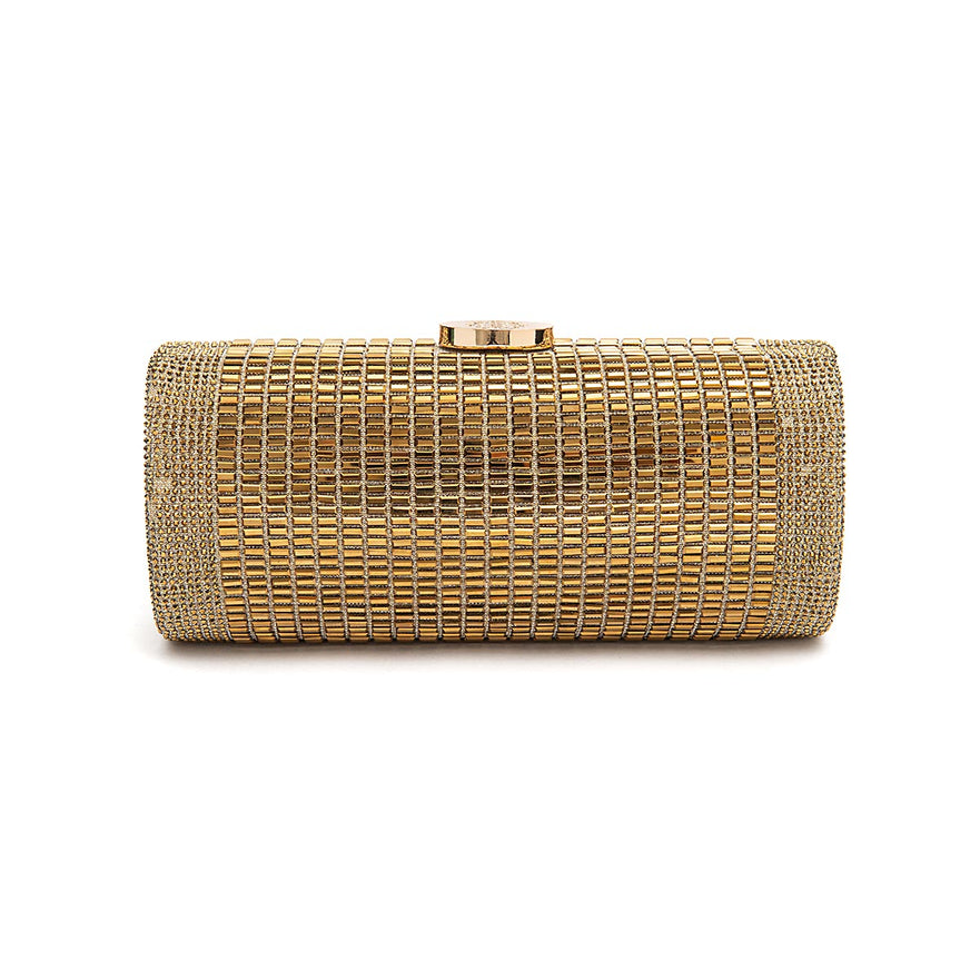 Bolsa Clutch Cilíndrica de Cristais Ouro