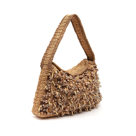 BOLSA SHOULDER POUCH DE RÁFIA AREIA OURO