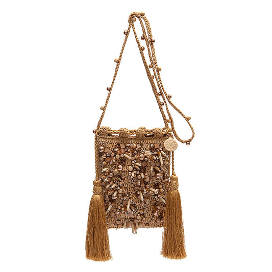 BOLSA BUCKET CLAIRE EM RÁFIA E CONTAS EM RESINA AREIA