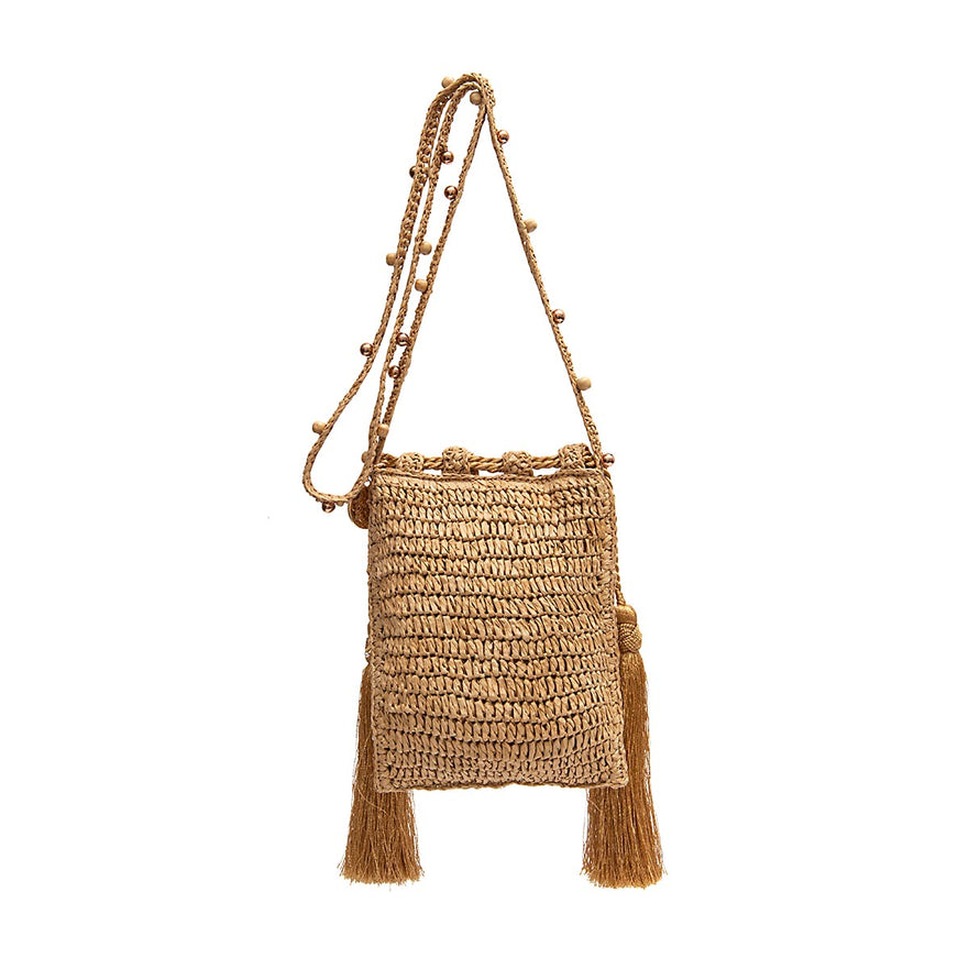 BOLSA BUCKET CLAIRE EM RÁFIA E CONTAS EM RESINA AREIA