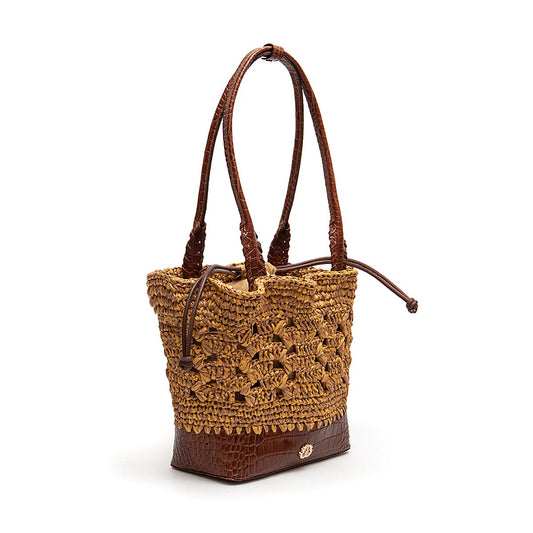BOLSA BASKET CAMELLIA CROCHÊ  OURO  CASTANHO SOLAR