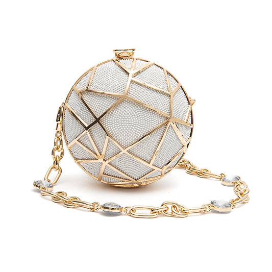 BOLSA CLUTCH ESFERA PEQUENA DE CRISTAIS BRANCOS COM OURO
