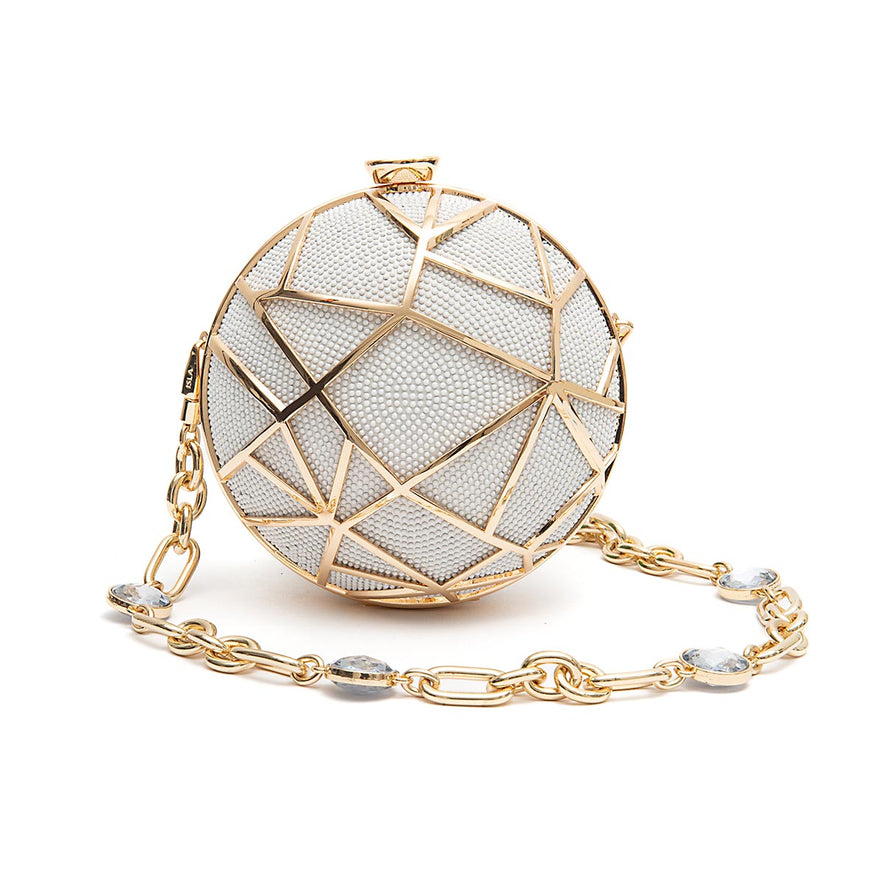 BOLSA CLUTCH ESFERA PEQUENA DE CRISTAIS BRANCOS COM OURO