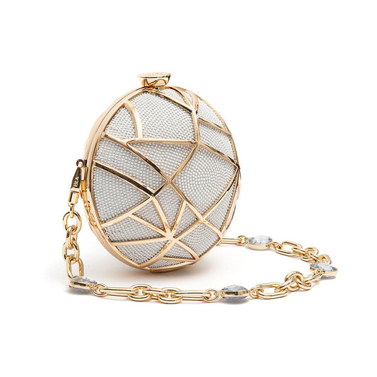 BOLSA CLUTCH ESFERA PEQUENA DE CRISTAIS BRANCOS COM OURO