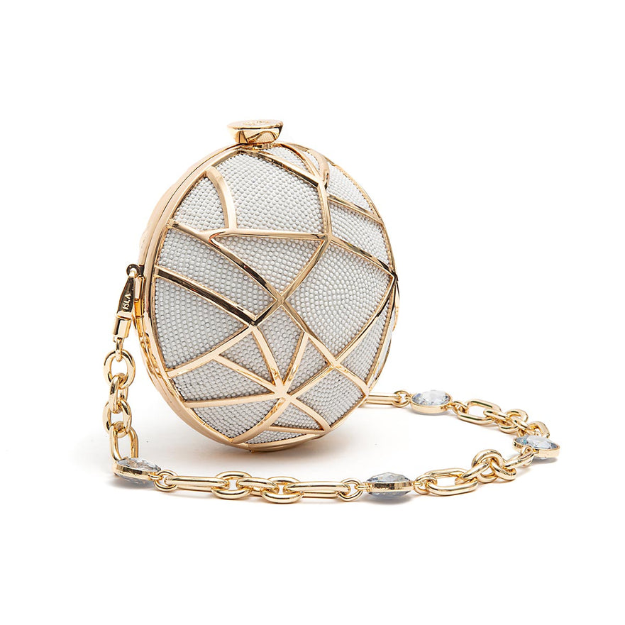 BOLSA CLUTCH ESFERA PEQUENA DE CRISTAIS BRANCOS COM OURO