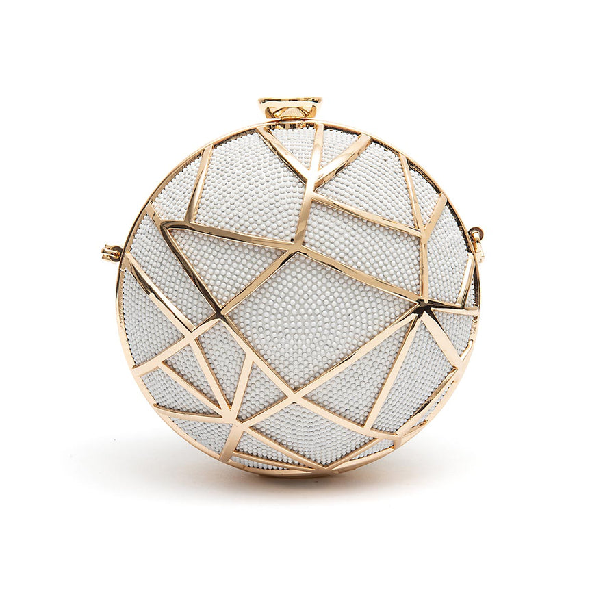 BOLSA CLUTCH ESFERA PEQUENA DE CRISTAIS BRANCOS COM OURO