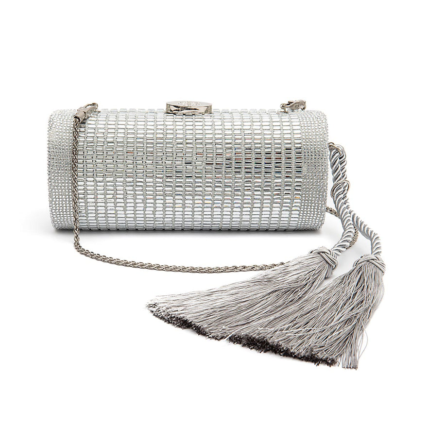 Bolsa Clutch Cilíndrica de Cristais Prata