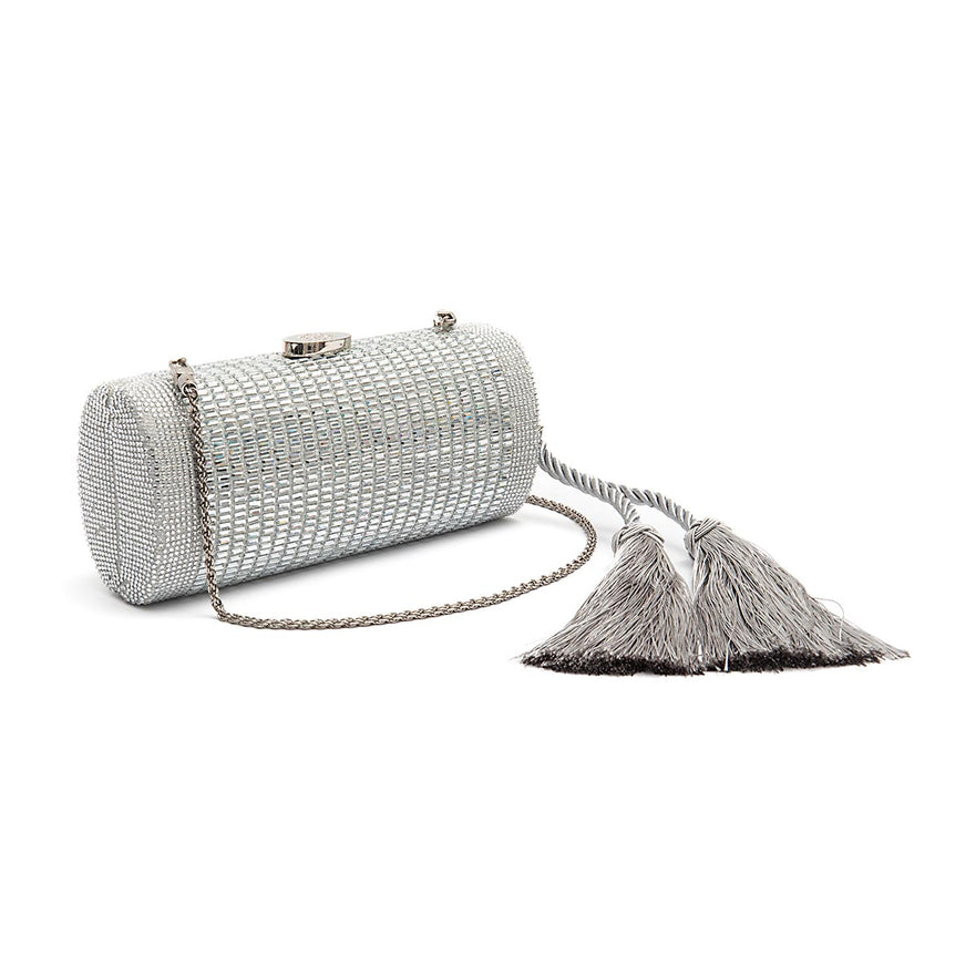 Bolsa Clutch Cilíndrica de Cristais Prata