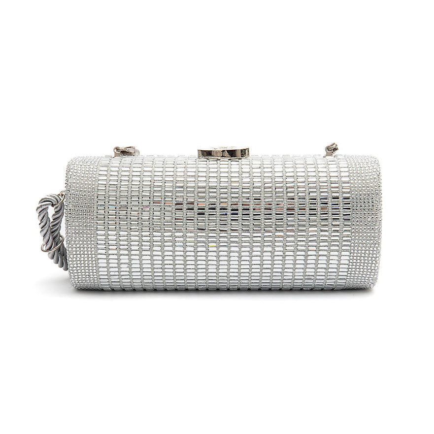 Bolsa Clutch Cilíndrica de Cristais Prata