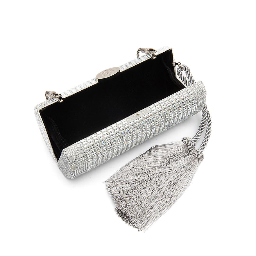 Bolsa Clutch Cilíndrica de Cristais Prata