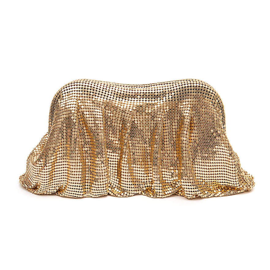 BOLSA POUCH MALHA METÁLICA SHOULDER DE CRISTAIS CROSSBODY OURO