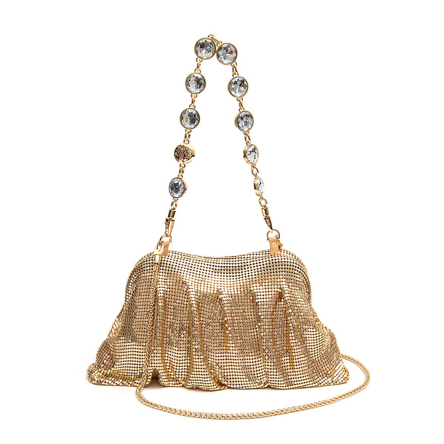 BOLSA POUCH MALHA METÁLICA SHOULDER DE CRISTAIS CROSSBODY OURO