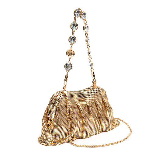 BOLSA POUCH MALHA METÁLICA SHOULDER DE CRISTAIS CROSSBODY OURO