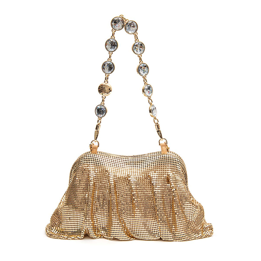 BOLSA POUCH MALHA METÁLICA SHOULDER DE CRISTAIS CROSSBODY OURO