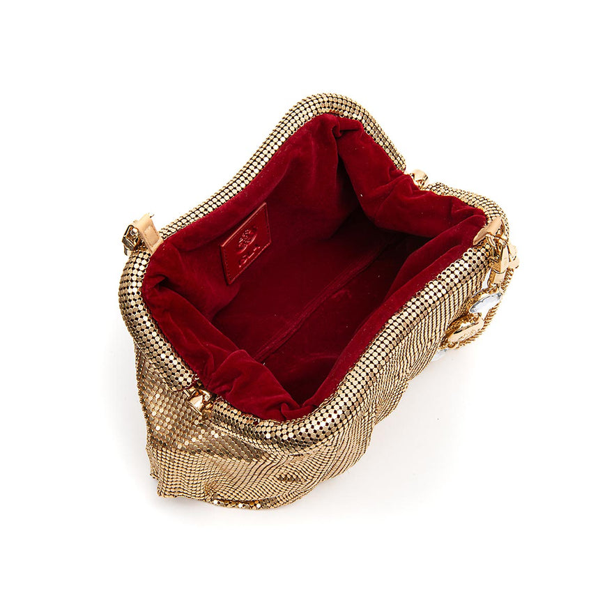 BOLSA POUCH MALHA METÁLICA SHOULDER DE CRISTAIS CROSSBODY OURO