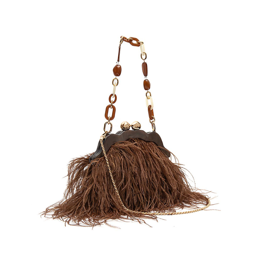 BOLSA POUCH PEQUENA  DE PLUMAS MASCAVO