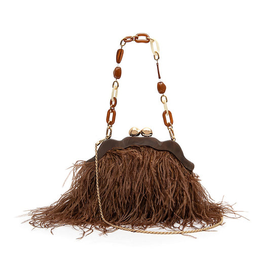BOLSA POUCH PEQUENA  DE PLUMAS MASCAVO