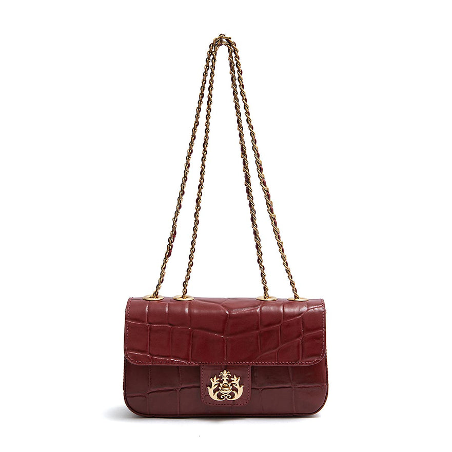 BOLSA ANNE EM COURO CAIMAM CARMIM OURO