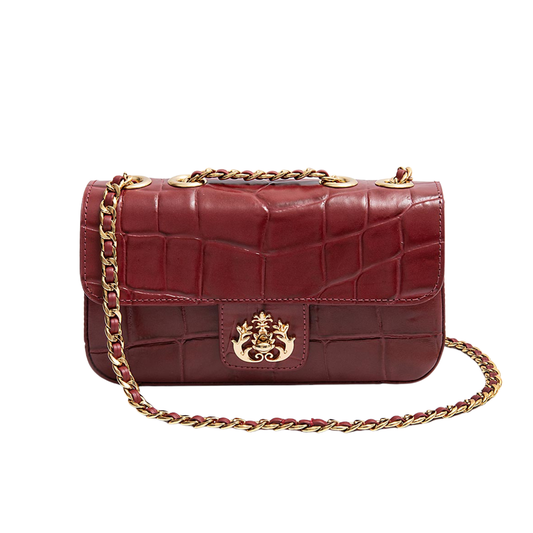 BOLSA ANNE EM COURO CAIMAM CARMIM OURO