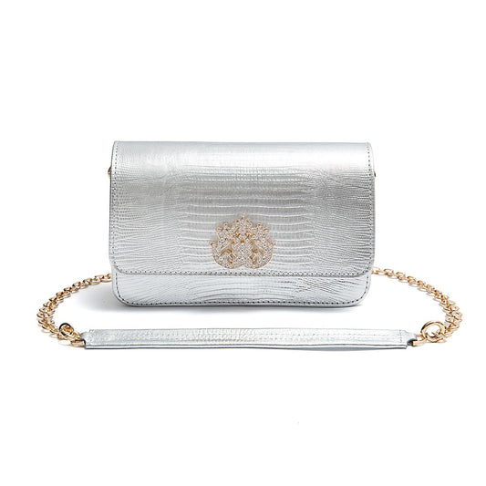 BOLSA CARTEIRA FOREVER IN LOVE LIZARD PRATA COM FECHO CRISTAL / OURO