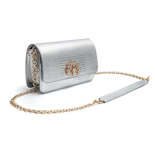 BOLSA CARTEIRA FOREVER IN LOVE LIZARD PRATA COM FECHO CRISTAL / OURO