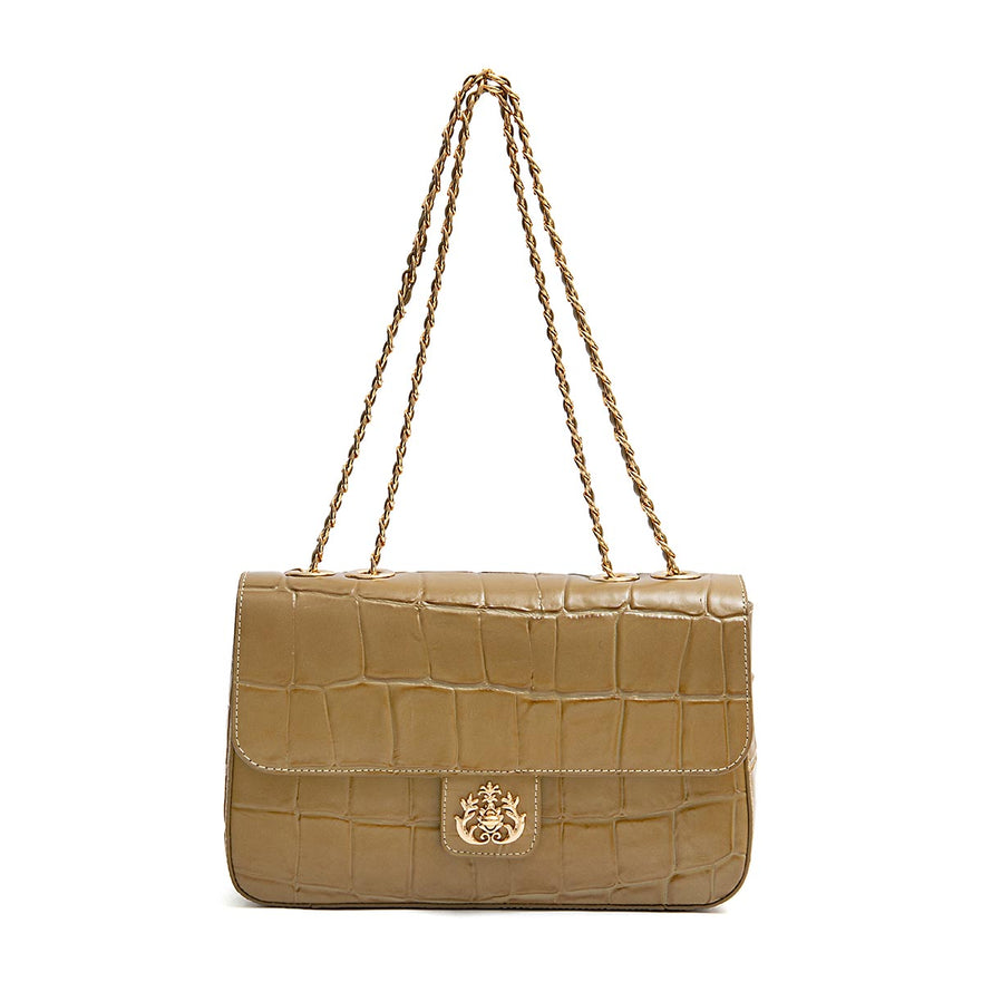 BOLSA ANNE JUMBO EM COURO NATURAL CAIMAN AZEITE