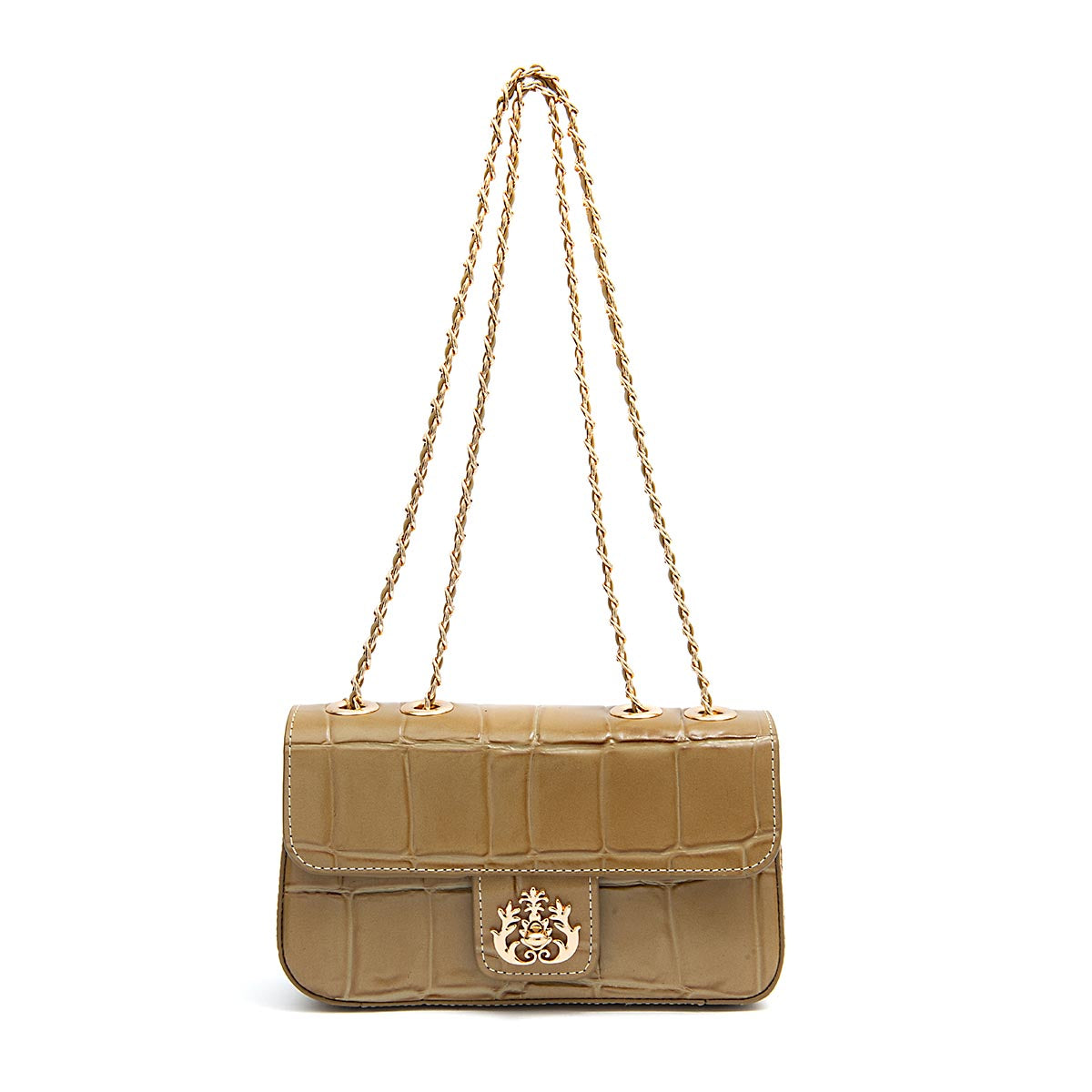 BOLSA ANNE EM COURO CAIMAN AZEITE OURO