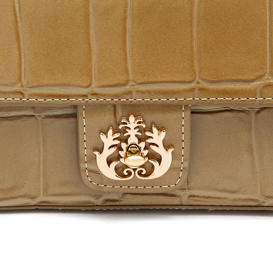 BOLSA ANNE EM COURO CAIMAN AZEITE OURO