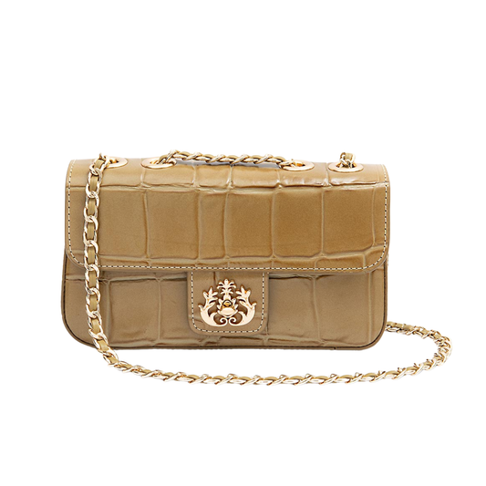 BOLSA ANNE EM COURO CAIMAN AZEITE OURO