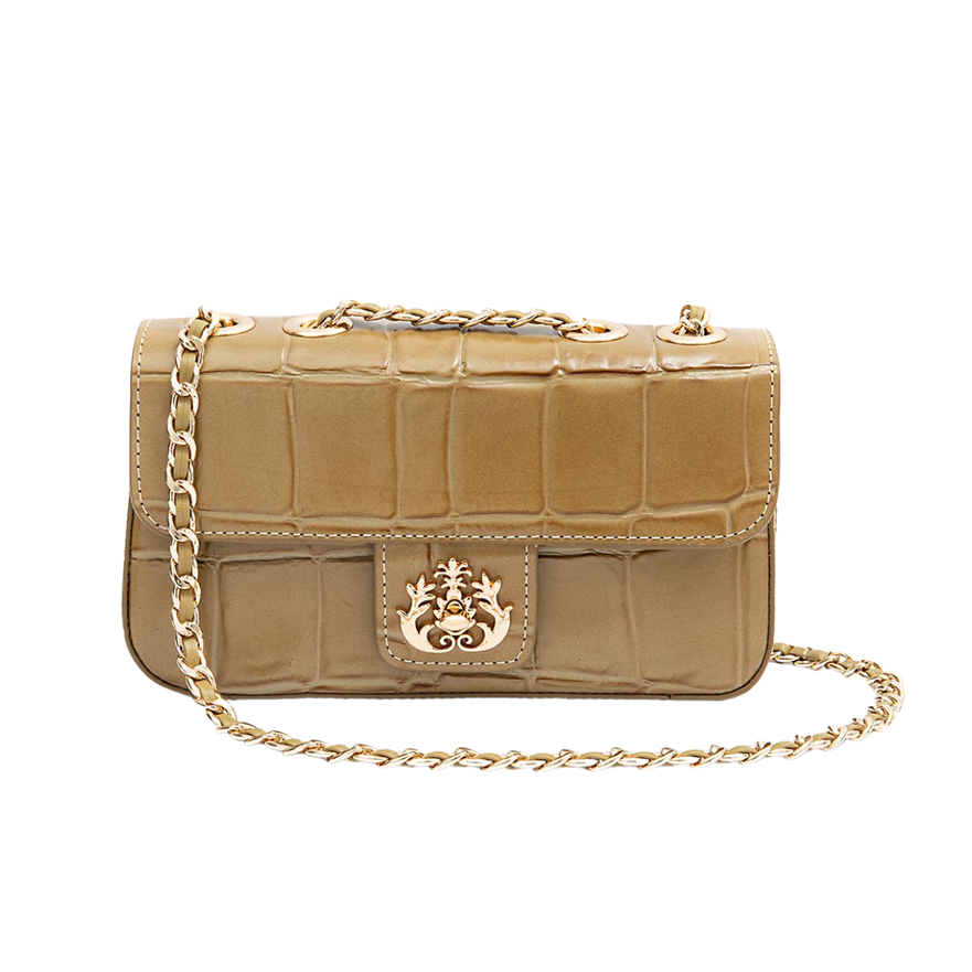 BOLSA ANNE EM COURO CAIMAN AZEITE OURO