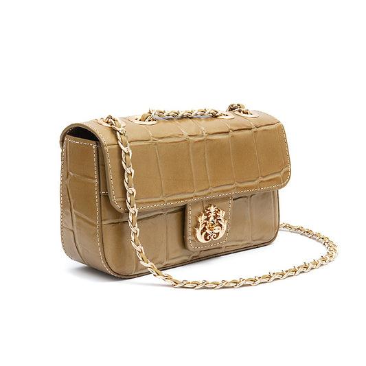 BOLSA ANNE EM COURO CAIMAN AZEITE OURO