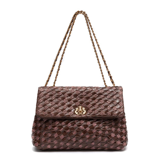 HELLEN MEDIUM PINE NUT LEATHER AND RAFFIA WOVEN BAG