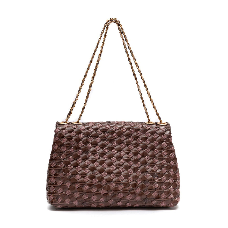 HELLEN MEDIUM PINE NUT LEATHER AND RAFFIA WOVEN BAG