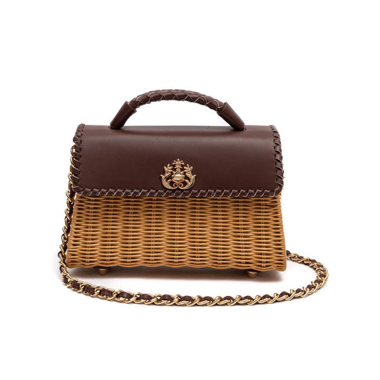 BOLSA SELENE TOP HANDLE RATTAN E COURO PINHÃO MEL