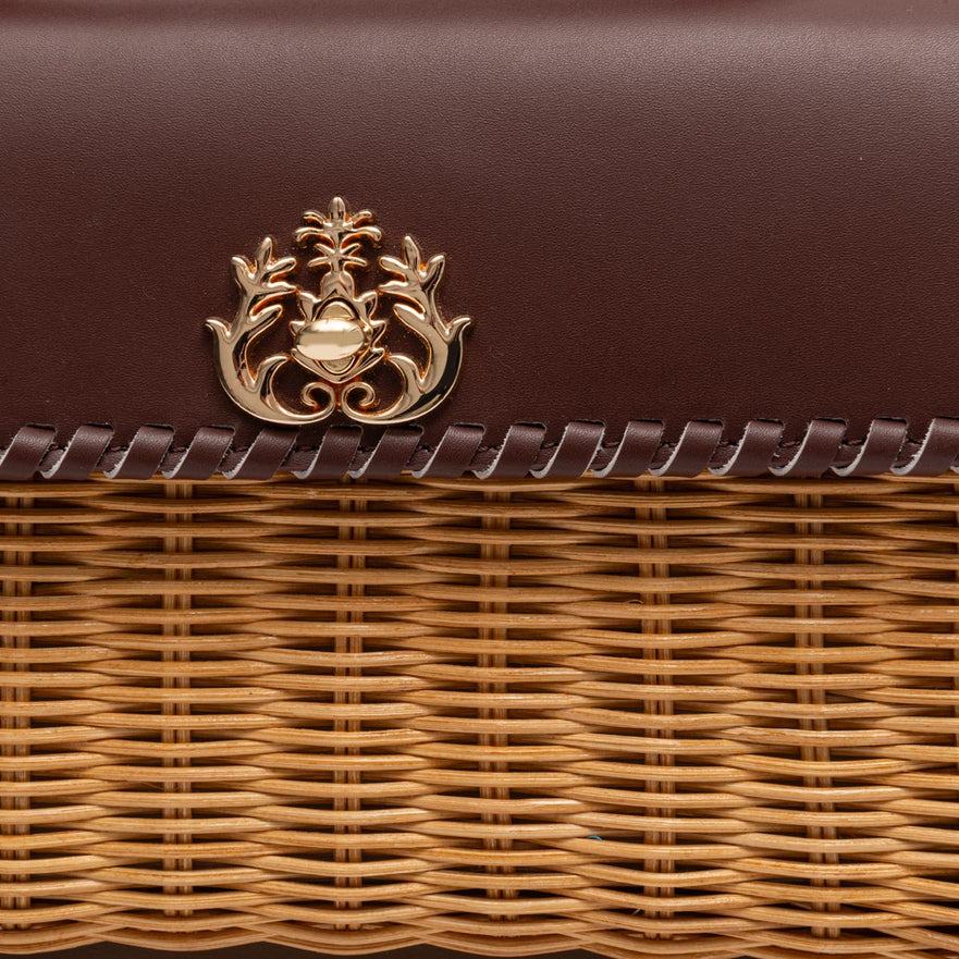 BOLSA SELENE TOP HANDLE RATTAN E COURO PINHÃO MEL