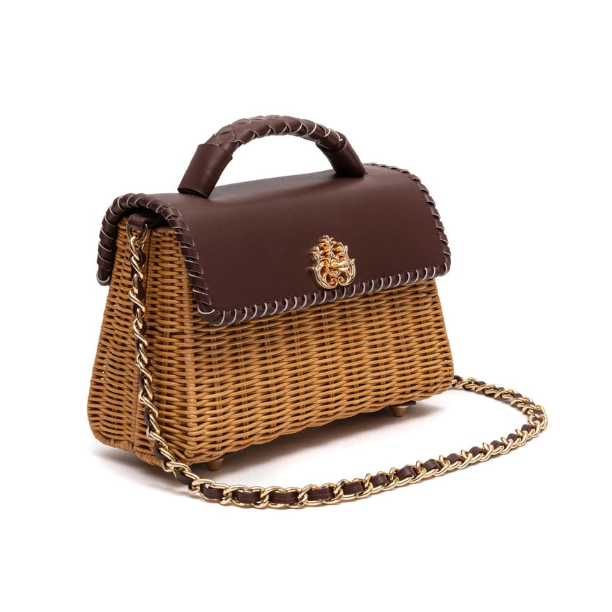 BOLSA SELENE TOP HANDLE RATTAN E COURO PINHÃO MEL