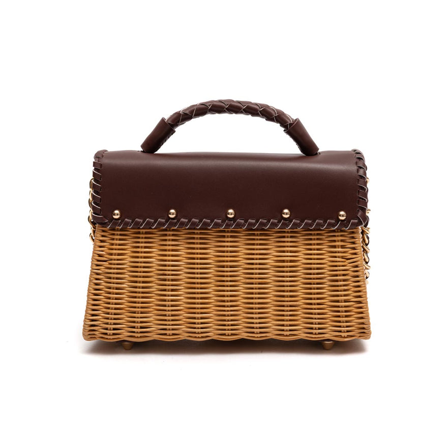 BOLSA SELENE TOP HANDLE RATTAN E COURO PINHÃO MEL